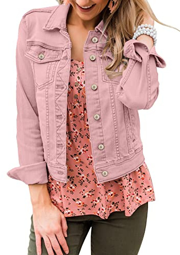 Roskiky Women's Utility Denim Jacket - Pink Jean Jacket Plus Size for Summer - X-Large Fits Size 20 to 22