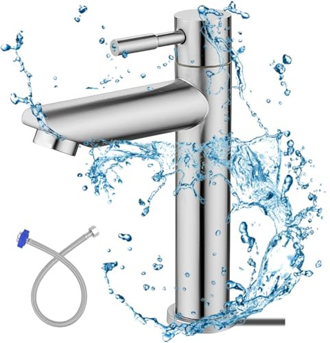 REFORUNG Kaltwasserhahn Edelstahl Kaltwasserarmatur Wasserhahn Waschtischarmatur Kaltwasser 175mm Badarmatur Waschbecken Armatur Waschtisch Einhebelarmatur mit 60cm Anschlussschlauch für Gäste WC Bad