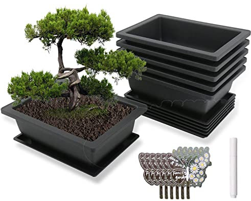 MissFox Bonsai Schale mit Untersetzer, 6 Stücke Bonsai-Trainingstöpfe aus Kunststoff, Blumentopf Rechteckig mit Tablett, Topfpflanzen Pflanztopf für Garten, Bonsai Topf mit Pflanzenschilder und Stift