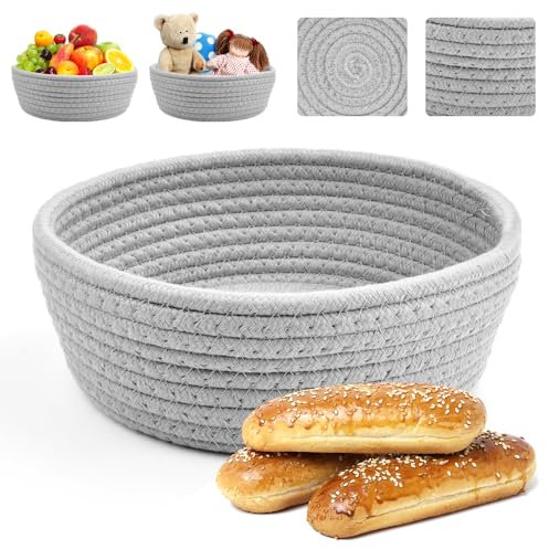 Kleemeiero Brötchenkorb Brotkorb Geflochten Aufbewahrungskorb Geflochten Baumwollseil Brotkörbchen Klein Brötchen Korb Deko Runde 22cm Ø Brotschale Frühstück Flechtkorb zum Servieren von Gebäck-Grau