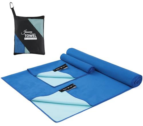 JASUEN Mikrofaser Handtuch Set- Microfaser Handtücher for Sporthandtuch Reisehandtuch Outdoor Handtuch Strandtuch 2 Stück (Doppelseitige(Dunkelblau + Aquablau), 180x80cm+80x40cm)