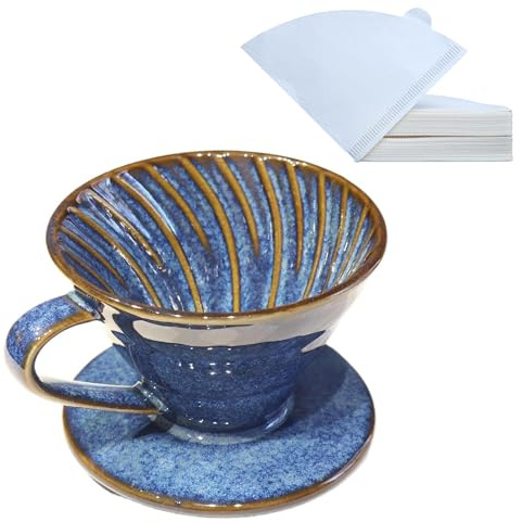 LonMuseum Ceramic Coffee Dripper includes 50 Filters 01 Pour Over Coffee Maker Porcelain V Hand Brewed Set Pottery Artisanal Drip Brew Barista Gift 1 Cup for Single People Travel Camping Office Home