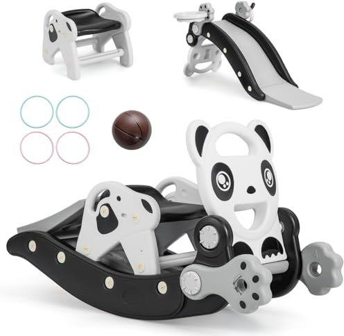 RELAX4LIFE 5 in 1 Set Cavallo a Dondolo con Scivolo e Canestro da Basket e Palla e Lancia di Anelli, Struttura Stabile con carico di 60 kg, 105 x 72 x 57 cm (Modello 4 NERO)