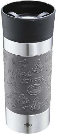 cilio Isoliertrinkbecher VIAGGIO | Edelstahl Thermobecher to go | Deckel aus Kunststoff | 360° Trinkverschluss | Doppelwandsystem | Bruch- und auslaufsicher | 360 ml, Höhe: 19 cm | Grau
