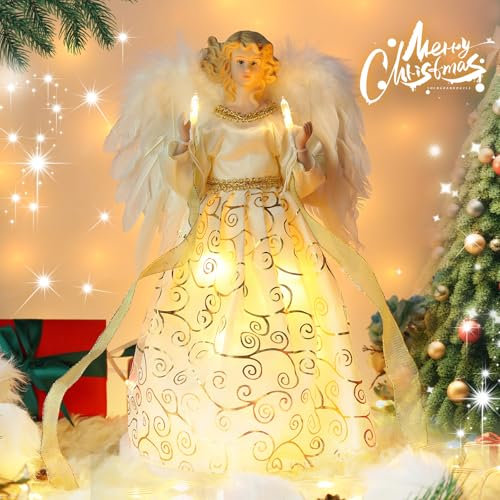 MACTING 12'' Angel Tree Topper with White Feather Wings and Gold Skirt, Christmas Tree Topper with LED Light for Tree Toppers Holiday Ornament Decorations, Gold