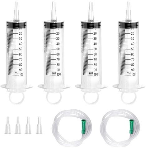 TAIHOBO 100 ml spruta, 4 stycken stor spruta utan nål med lock, plastsprutor med 2 rör på 1 m, sugspruta med vätska, återanvändbar för laboratorium, industri, trädgård och husdjur