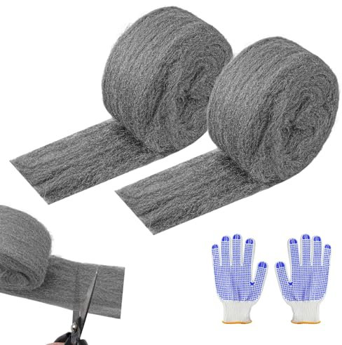 XNJIHWA 2 Rollos Lana de Acero Ratones Juego de Lana de Acero Inoxidable 3m con Guantes de Trabajo para Antiratones,Grietas,Reparación,Limpieza Fina,Lijado,Pulido