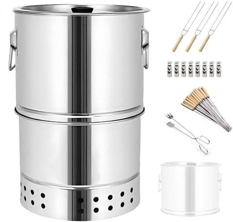 WPWSDWMX Parrilla de Carbón Portátil Pequeña, Barril de Acero Inoxidable de 360° con Separación de Aceite y Carbón, 26 cm de Diámetro