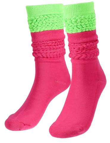Telooco 90s Neon Kniestrümpfe Damen Overknee Socken, Vintage 80er 90er Jahre Tennissocken Damen Pink Grün Rosenrot Stretch Slouch Socks Weiche Gestapelte Socken Party Stulpen Neon Outfits