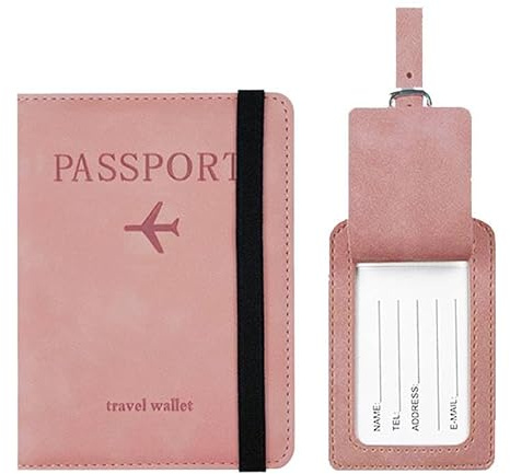 Dreamil Funda para pasaporte con etiqueta de equipaje, funda para pasaporte, bloqueo RFID, para pasaportes, tarjetas de embarque, tarjetas de crédito y documentos de viaje (rosa