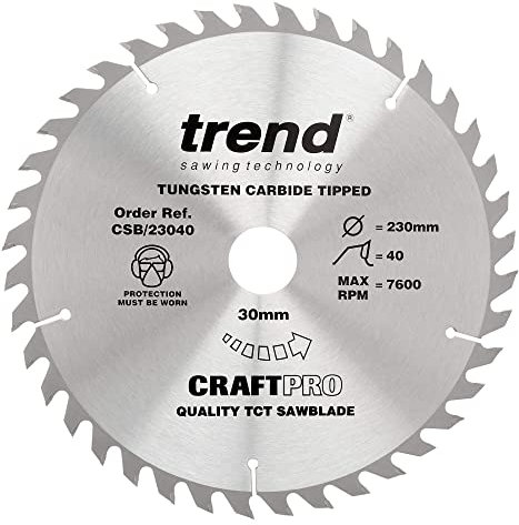 Trend Lame de Scie Circulaire pour Bois, 230 mm de Diamètre, 30 mm d'Alésage, 40 Dents, TCT, 2,6 mm de Trait de Scie, +15° Crochet, CSB/23040