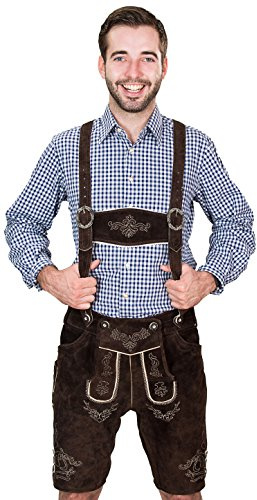 Bayerska män traditionell kostym läderbyxor kort, kostymläderbyxor med remmar, original i mörkbrun, oktoberfest, storlek 44–60