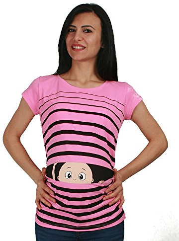M.M.C. Mammaskjorta kortärmad dam med Guck-Guck-motiv – mammamode T-shirt för graviditeten, rynkfri från 95 % bomull, S till XL, ROSA, L