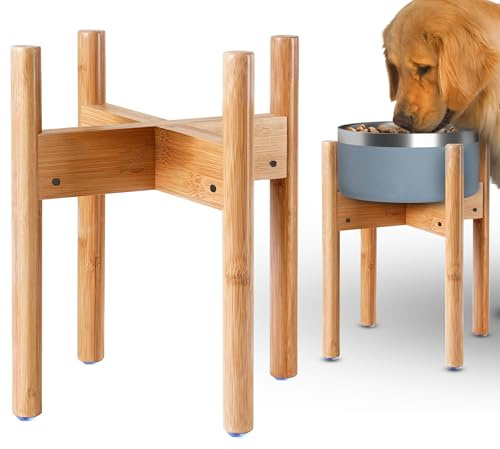 Dog Bowl Stand for Large Breed - Raise, Elevate Bowls to 14-inch High - Adjustable, Fits Any Single Pet Food/Water Feeders and Fountains - Durable Bamboo