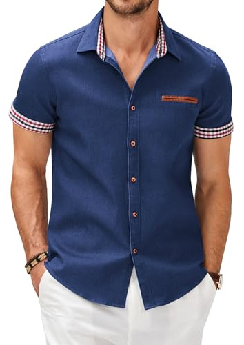 COOFANDY Herrskjortor kortärmad sommar vardaglig denim arbetsskjortor kontrast/rutig krage knapp ner klänning skjorta, BLÅ, XL