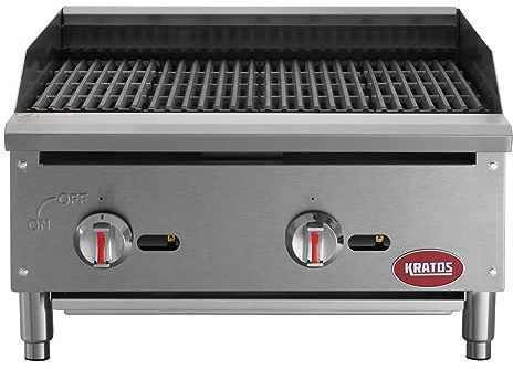 Kratos 24 Wide Commercial Gas Charbroiler, 2 Burner Stainless Steel Gas Radiant Charbroiler for Restaurants, 70,000 BTU Output Countertop Grill (29Y-001)