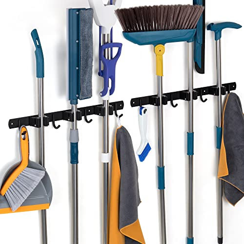 Damita Besenhalterung Wand, Mop Halter Wandhalterung Besen für Zuhause Küche Badezimmer Gartengeräte, Edelstahl rutschfest Gerätehalter wand 2 Stück (Schwarz, 3 Halter und 4 Haken)