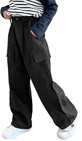 Rolanko Pantaloni Cargo da Ragazza, Pantaloni Larghi in Cotone con Vita Elasticizzata e Tasche Multiple per Bambini di 6-15 Anni, Nero, Taglia: 140
