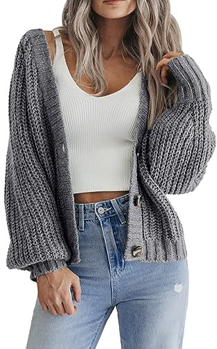 Hotouch Damen Cardigan Langarm Gestrickte Jacke mit Knopf Elegant Casual Schulterjacke Vorderseite Dunkelgrau Strickmantel M