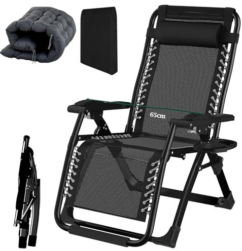 Fiutazge 65cm Breit Sonnenliege Klappbar, Liegestuhl, klappbare Gartenliege mit Kissen, Nackenkissen und Getränkehalter, für Patio-Garten-Strand-Pool,Schwarz