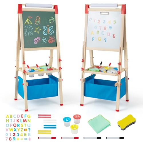 RELAX4LIFE 3-in-1 Cavalletto per Bambini Regolabile in Altezza, Cavalletto in Legno a Doppia Faccia con Lavagna Magnetica e Lavagna Bianca, Rotolo di Carta e Accessori per Pittura