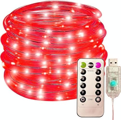 SHANJIA Guirnalda Manguera, 12M/39ft 100LED impermeable 8 Modo/remota Guirnalda Luces USB,Cadena de Luces Decoración Exterior Interior,Fiesta, Habitación,Jardín (Rojo)