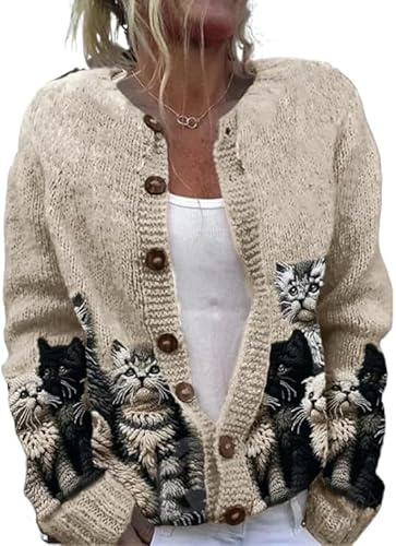Cat Sweater for Women Oversized Cardigan Knit Crew Cardigan