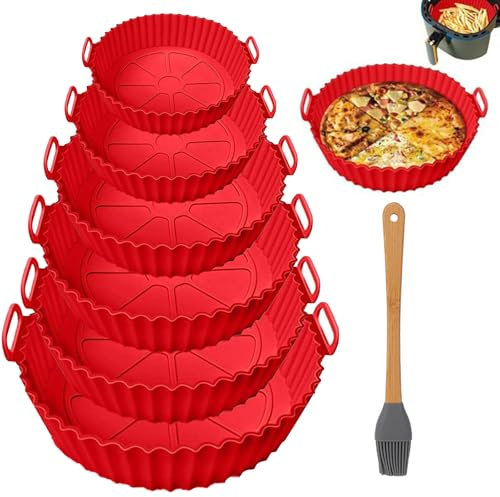 Lot de 6 moules en silicone pour friteuse à air chaud, insert en silicone avec 1 brosse à huile en silicone, moule en silicone rouge, moule en silicone Airfryer pour four, micro-ondes