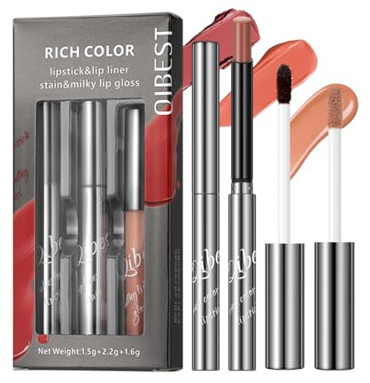 3PCS Lipstick Makeup Set – Matte Lipstick, Peel-Off Lipliner & Butter Lip Gloss, Long-Lasting Waterproof Lip Kit for Smooth, Defined & Hydrated Lips (# New 02)