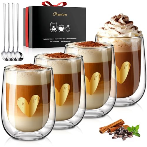 Glastal PREMIUM dubbelväggiga latte macchiato-glas set om 4 | hjärta | – utan förseglat hål – 350 ml dubbelväggiga kaffeglas dricksglas presenter till kvinnor flickvän till födelsedag jul