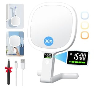 Auxmir Espejo Maquillaje con Luz 30X/1X Aumento 2500mAh Recargable USB Doble Cara 56 Leds, Colgar Pared de Mesa Mano Portátil, Pantalla Inteligente de Reloj y Nivel de Batería para Viaje