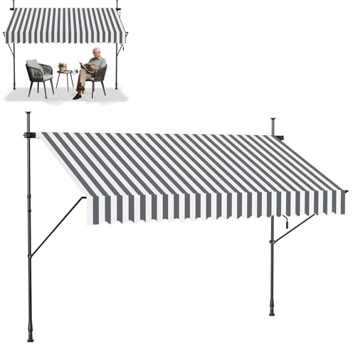 Froadp Klemmmarkise Markise Einziehbar Manuell Sonnenschutz Balkon Ohne Bohren UV-Schutz Wetterfest Höhenverstellbar Gelenkarmmarkise mit Handkurbel für Garten Terrasse 200x120cm Grau-weiße Streifen