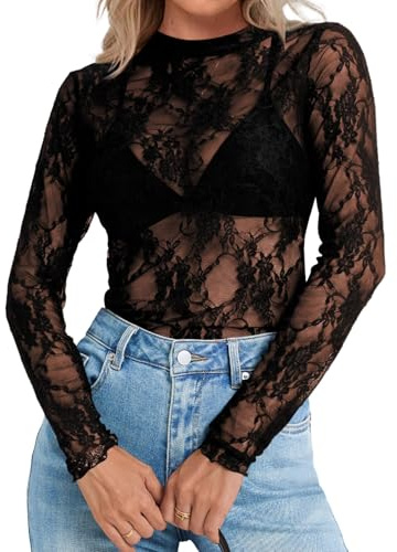 Elesomo Womens Lace Top Short/Long Sleeve Mesh Shirt Blouse | mesh top, sheer top, going out top, date night outfit