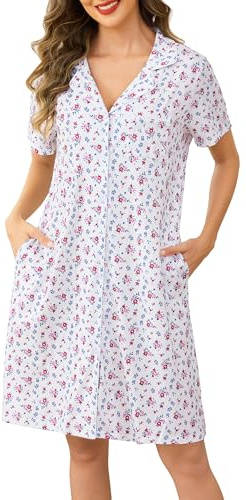 Vlazom Nightdresses for Women Soft Boyfriend Style Nighties V-Neck Button Up Maternity Nightdress Classic Relaxed Nightshirt S-3XL