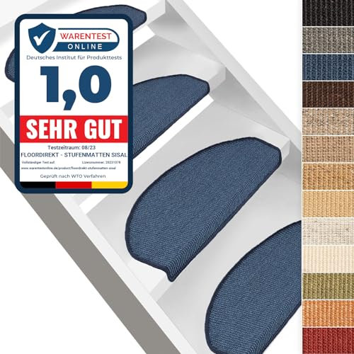 Floordirekt Sisal Stufenmatten blau innen 15 Stück halbrund, Treppenstufen Matten für Holztreppen, antirutsch Treppenteppich Selbsklebennd und Allergikerfreundlich (Maße ca. 64 x 23,5 cm)