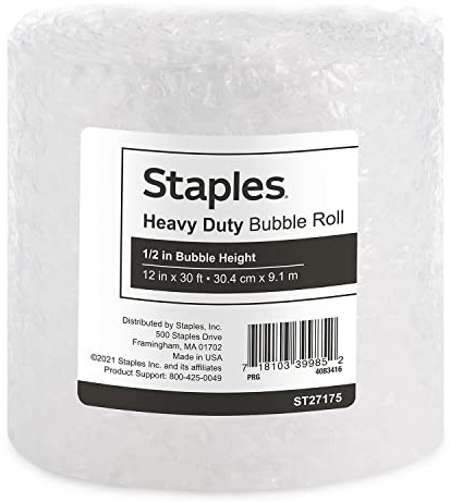 Staples Bubble Cushioning Roll, 1/2” Large Bubble, 12” x 30’, Protective Packing Wrap for Moving & Storage