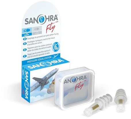 SANOHRA fly - tappi per le orecchie contro la pressione in volo | Per adulti | Riutilizzabili (fino a 6 voli) | Equalizzazione della pressione durante il decollo e l'atterraggio | Comfort in viaggio