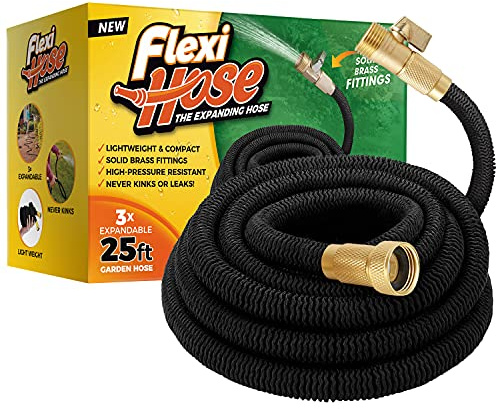 Flexi Hose Manguera de jardín ligera y expandible, flexibilidad sin torceduras, accesorios de latón macizo de 3/4 pulgadas y doble núcleo de látex (25 pies, negro)