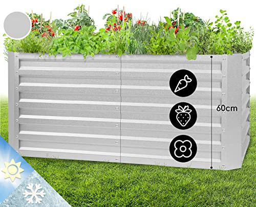 blumfeldt Hochbeet High Grow Straight Material: verzinkter Stahl. Durchmesser: 0,6 mm. Rostschutz. 4x Aluminium Schutzleisten. Maße: 120 x 60 x 60 cm. Volumen: 432 l. Farbe: Silberfarben.