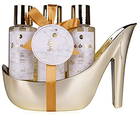 Set de baño Accentra set de regalo para mujer MÁRMOL con tacón alto - set de cuidado de 3 piezas con Gel de ducha, baño de burbujas y loción corporal – cumpleaños, día de San Valentín & Navidad (Oro)