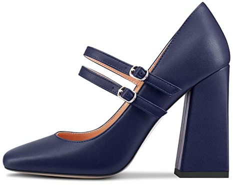 Saekcted Femmes Bloc Chunky Haut High Talon Heel Fermé Carré Bout Escarpins Mary Jane Boucle Party Dress Cute Chaussures 10 CM Heels Bleu Marin 36 EU