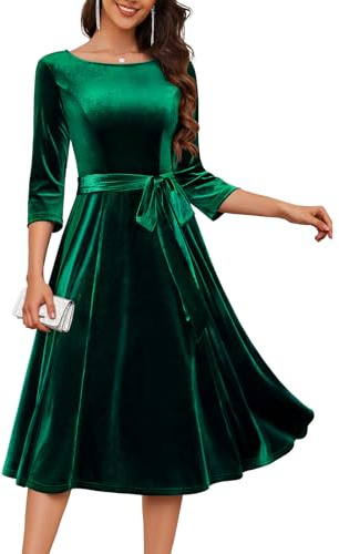 DRESSTELLS Green Velvet Dress for Women, Christmas Holiday Party Cocktail Formal Wedding Guest Dresses with Long Sleeves, 2025 Winter Mother of Bride Evening Emerald Green XL