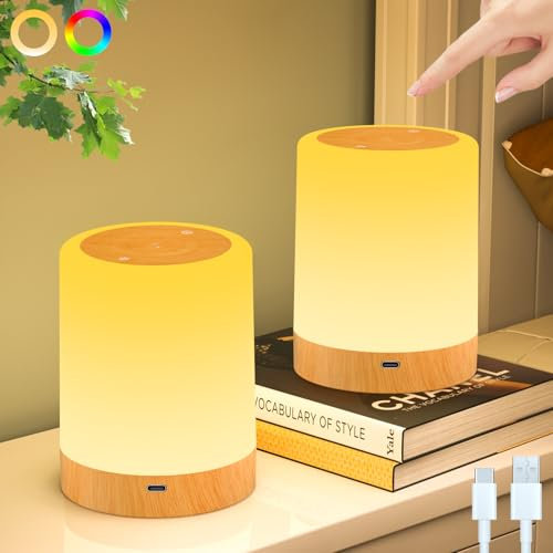 Nachttischlampe 2er Set mit 256 RGB Farben & 4 Modi, LED Nachttischlampe Touch Dimmbar, USB Aufladbare Nachtlicht Kinder mit Timing, Memory Funktion, Tischlampe Kabellos für Schlafzimmer, Wohnzimmer