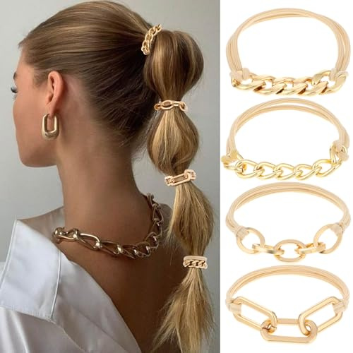 AOZUO 4 Piezas Gomas para el Cabello Doradas para Mujer, Gomas Elásticas de Metal coleteros pelo, Soportes para Cola de Caballo, Accesorios para el Cabello, Gomas para el Cabello de Goma(Oro)