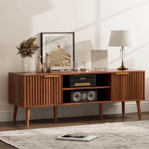 LCRBOL TV Stand for Living Room, Mid Century Modern Entertainment Center for 55/60 inch TVs, TV Console with Fluted Door Cabinets and Open Shelves, for Bedroom, Walnut