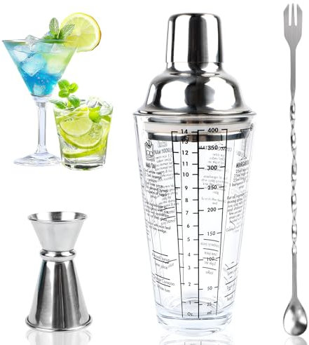 Kit à cocktail 400 ml, shaker à cocktail en acier inoxydable, mixeur à cocktail avec passoire intégrée avec verre doseur 15/30 ml, accessoires pour bar, accueil, fête