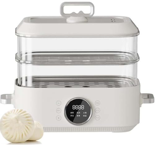 Cuiseur Vapeur électrique 1350 W, 10 L avec 2 cuiseurs Vapeur en Acier Inoxydable + 2 doublures en céramique pour boulettes de Soupe, réservation 24 Heures, pour boulettes de Soupe, pétoncles