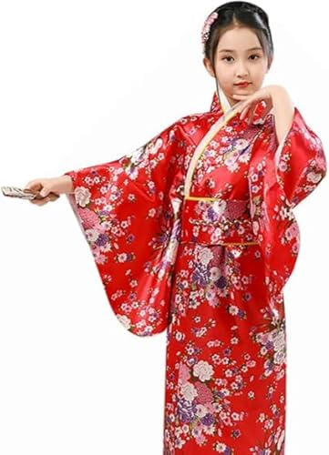 NAFING Kimono Japonais Pour Filles Robe Kimono Satin Les Enfants Robe Yukata Japonaise Fille Imprimé Peignoir Vêtements De Jeu De Rôle Anime Deguisement Fille 10 Ans