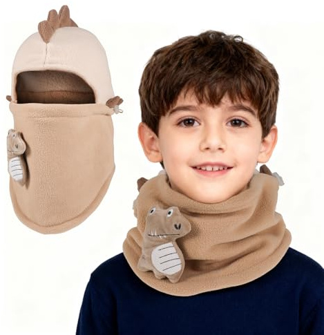 QKURT 1-pack 1-pack dinosaurieformad vinterbalaclava för barn, vindtät, termisk stickad vinterhalsduk, vinterbalaclava för pojkar och flickor i åldrarna 3–8 år, Beige, 3-8 anni
