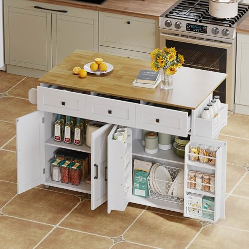 Ligterra Isla de cocina, carrito de cocina, buffet, armario de cocina con encimera plegable, y 5 ruedas con bloqueo, 4 puertas, 3 cajones, toallero de doble cara, 140 x 70 x 90,5 cm (blanco)
